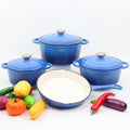 Set of four enamelled cast iron pans by Vertex Kitchenware, showing colorful cookware with sturdy handles and smooth enameled surfaces.