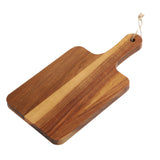 Acacia wood cutting board with ergonomic carry handle, ideal for chopping and slicing in the kitchen, by Vertex Kitchenware.