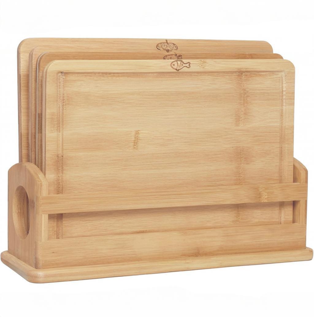 Four antibacterial bamboo chopping and cutting boards set by Vertex Kitchenware, with smooth surfaces and natural wood texture.