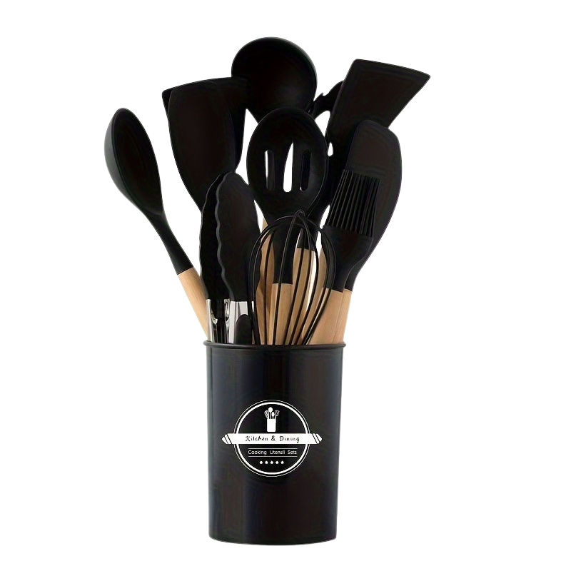 12-piece black silicone utensil set from Vertex Kitchenware with anti-slip handles for kitchen cooking and baking.