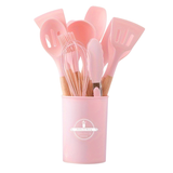 Pink 12-piece silicone utensil set from Vertex Kitchenware with anti-slip handles, ideal for kitchen cooking and baking.