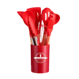 Red 12-piece silicone utensil set from Vertex Kitchenware with anti-slip handles, ideal for cooking and baking.