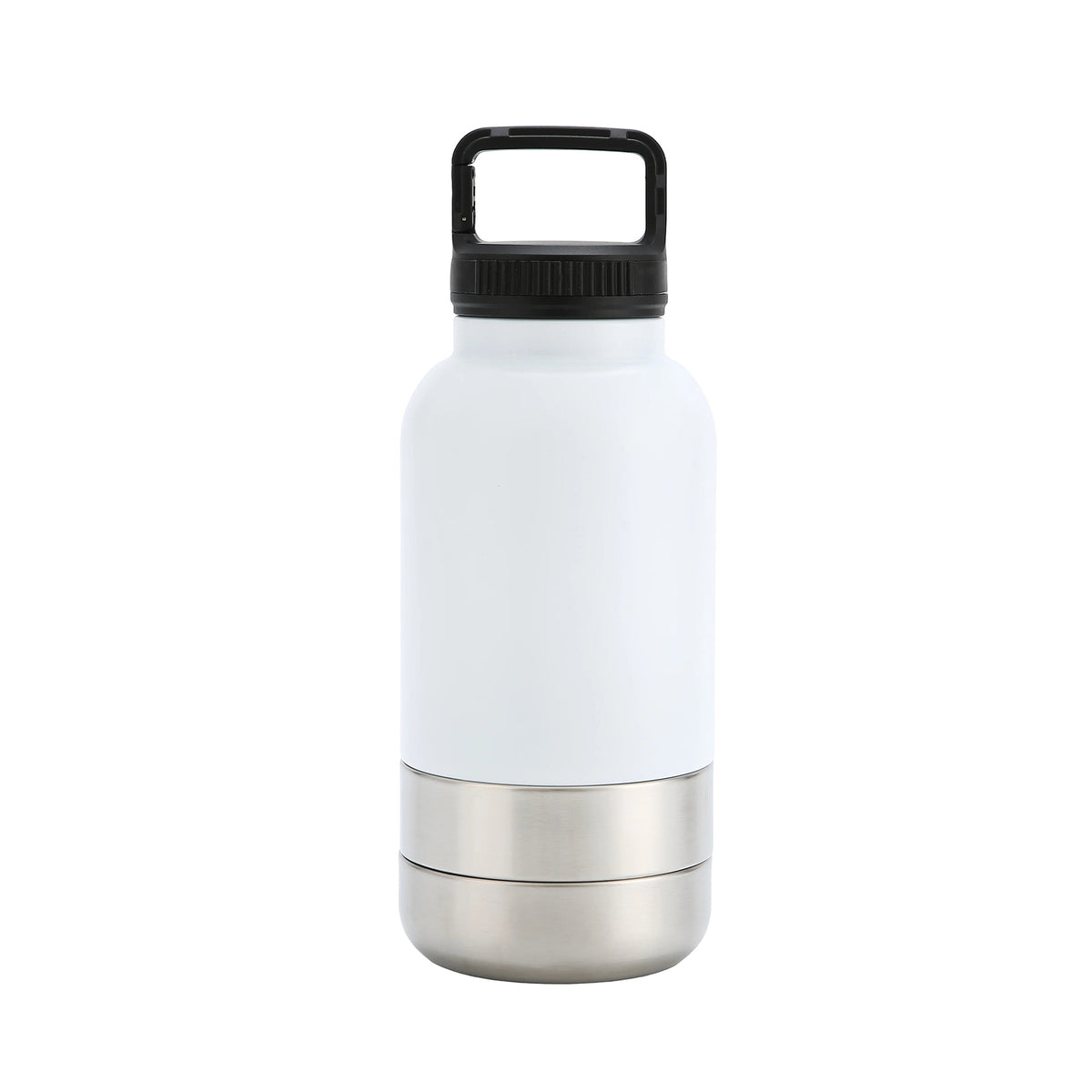 Insulated stainless steel water bottle with detachable handle by Vertex Kitchenware, showing the sleek, reflective surface and secure lid.