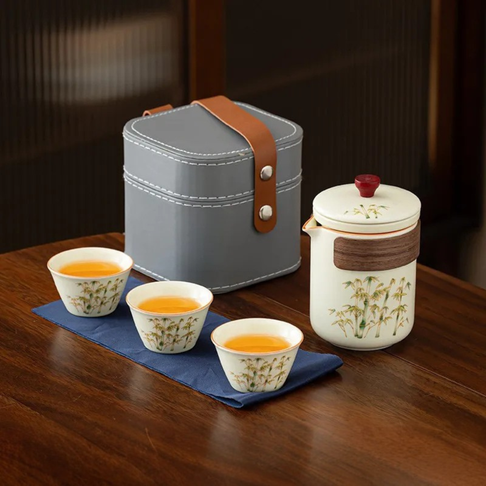 Golden-Accented Ceramic Travel Tea Set