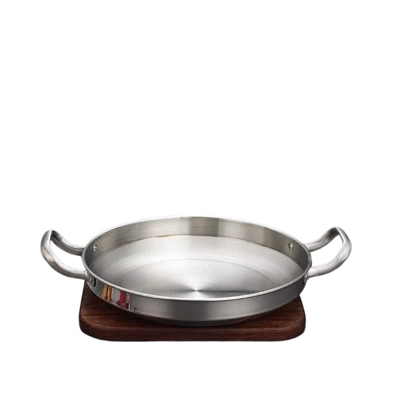 Silver stainless steel shallow cookware pot with ergonomic handles, ideal for versatile kitchen cooking from Vertex Kitchenware.