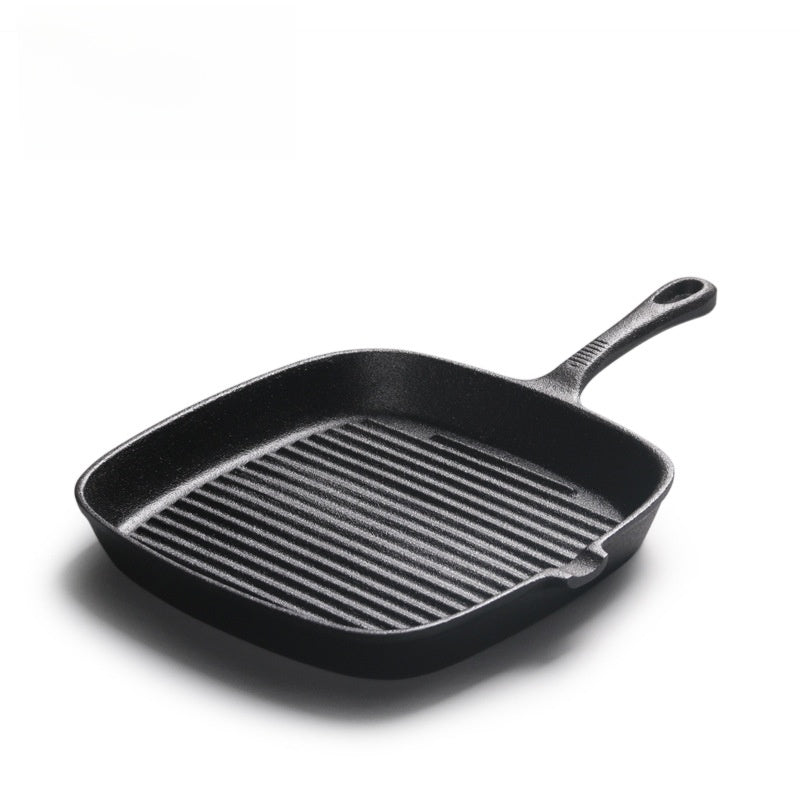Vertex Kitchenware cast iron steak pan with signature grill stripes, perfect for searing meats and creating grill marks.